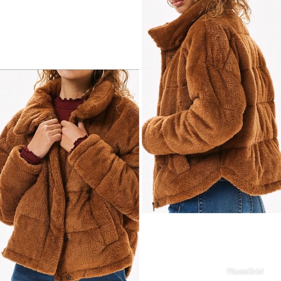 Kendall & Kylie Brown Teddy Puffer Jacket, size M/L - Picture 2 of 8